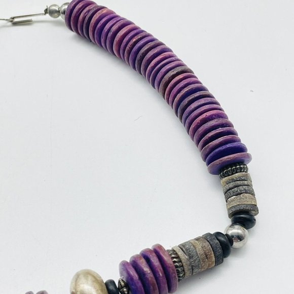 Purple Disc Necklace Silver Tone Beads Ethnic Native Tribal Southwest Classic - Picture 3 of 8